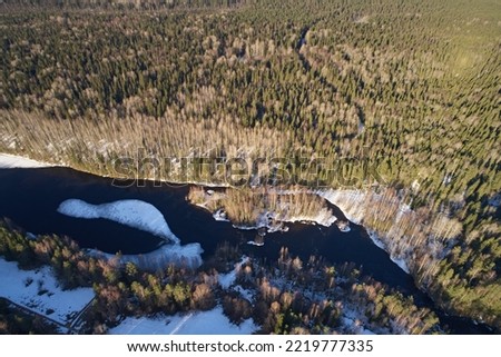 Aerial view of the river and taiga forests in winter - spring time in the afternoon. Abstract landscape in the form of a northern nature texture with drone.