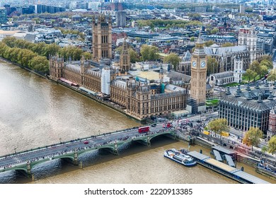 Aerial View Of The River Thames With Westminster Bridge, The Big Ben And The Parliament, London, England, UK