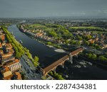 Aerial View River Ticina Pavia, Italy, Lombardy. Ponte Coperto Pavia. 