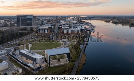 Aerial view of the Riverfront Park in Wilmington, North Carolina during sunrise.
