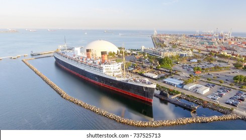 Aerial view of RMS Queen Mary ocean liner, Long Beach, CA. - Shutterstock ID 737525713