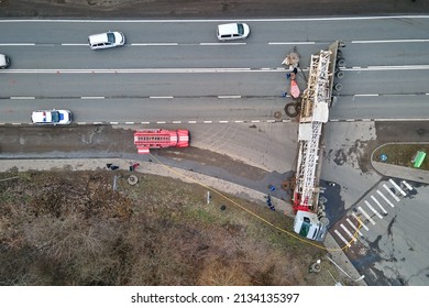 Aerial View Of Road Accident With Overturned Truck Blocking Traffic