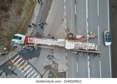 Aerial View Of Road Accident With Overturned Truck Blocking Traffic