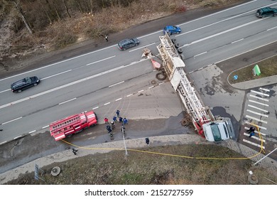 Aerial View Of Road Accident With Overturned Truck Blocking Traffic