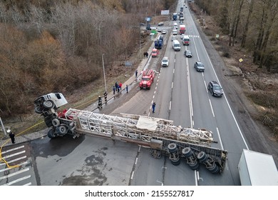 Aerial View Of Road Accident With Overturned Truck Blocking Traffic