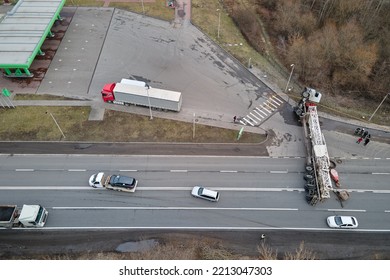 Aerial View Of Road Accident With Overturned Truck Blocking Traffic