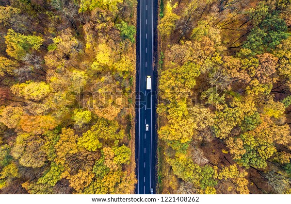 Aerial view of road in beautiful autumn forest.\
Beautiful landscape with rural road, two white cars, trees with red\
and orange leaves. Highway through the park. Top view from flying\
drone. serval car