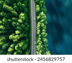 Aerial view of road between green tree forest and blue lake sea water in summer Finland