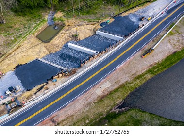 Aerial View Of Road Construction Works Expanding A Highway From 2 To 4 Lanes In Maryland United States