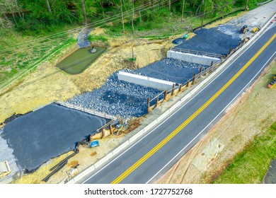 Aerial View Of Road Construction Works Expanding A Highway From 2 To 4 Lanes In Maryland United States