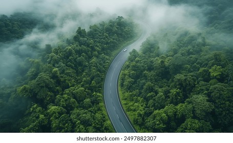 Aerial view of a road in a forest with fog, taken from a top down drone photo. A car is driving on an asphalt highway road through a dense green rainforest landscape in Thailand. In the style of comme - Powered by Shutterstock