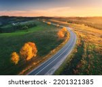 Aerial view of road, hills, green meadows and colorful trees at sunset in autumn. Top view of mountain rural road, golden sky. Beautiful landscape with roadway, grass, orange trees in fall. Highway