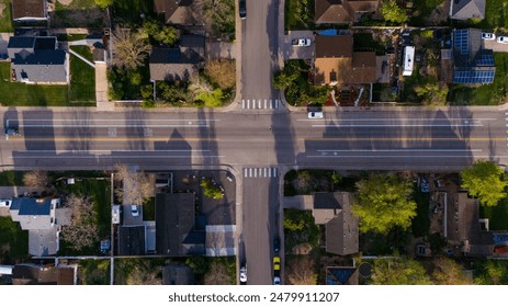 An aerial view of a road intersection.