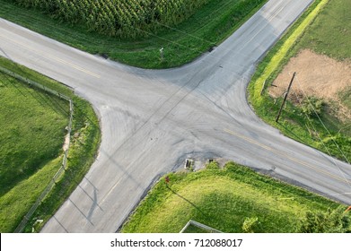 An aerial view of a road intersection.