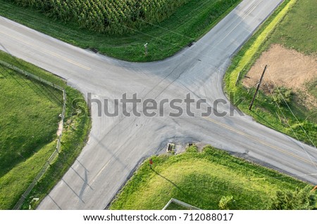 An aerial view of a road intersection.