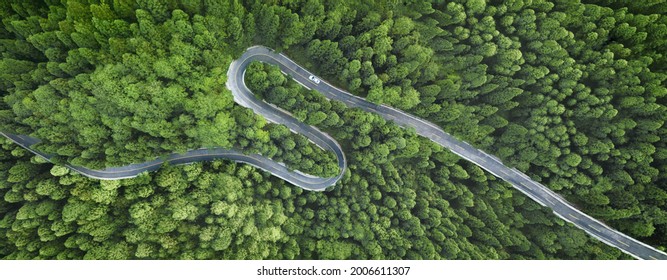 Aerial view of a road in the middle of the forest - Shutterstock ID 2006611307