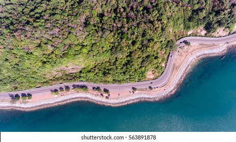 Aerial View Of Road On Sea Coastal. 