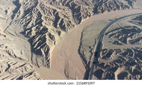 An Aerial View Of The Road On Wind Erosion Terrain In Qinghai