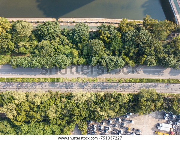 Aerial view of road\
run in Hong Kong city