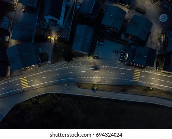 Aerial View Of Road Rural Village In Night