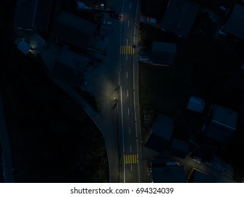 Aerial View Of Road Rural Village In Night