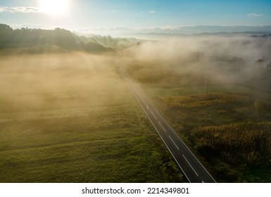 Aerial view of road surrounded by fog, in the morning, near Soceni village, Romania. Captured from above with a drone.