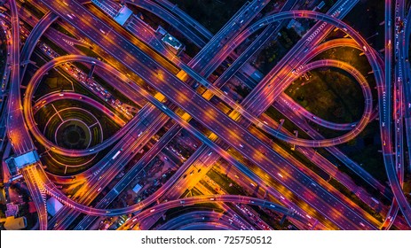 Aerial view road traffic in Bangkok City at night, Bangkok, Thailand.
