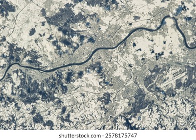 Aerial view of a road in winter. Natural stone, an inert material used for construction and decorative finishing, closeup. Marble texture background. Elements of this image furnished by NASA