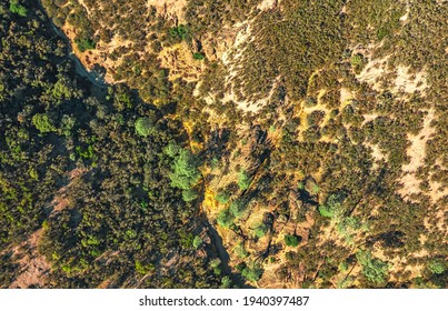 Aerial view of rock formations in Pinnacles National Park in California, ruined remains of, an extinct volcano on the San Andreas Fault. Beautiful landscapes