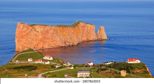 Aerial View Of Percé Rock And Village In Quebec