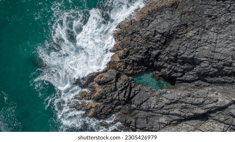 Aerial view of a rockpool near the ocean