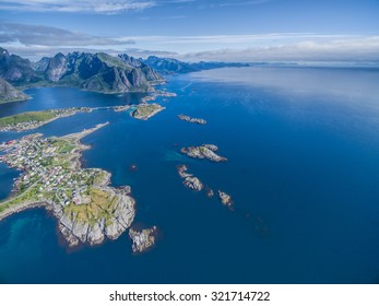 Aerial View Of Rocky Coastline Of Lofoten Islands In Norway