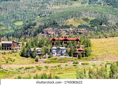 Aerial View Of Rocky San Juan Mountains From Telluride, Colorado With Beautiful Valley And Mountain Village Houses On Summer Day