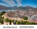 Aerial view of Roman theatre in Cartagena, Spain