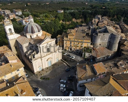 Aerial view of Ronciglione,  medieval town in province of Viterbo, Lazio, central Italy. Ronciglione is one of the most enchanting villages of Italy. Birds eye in Lazio, near Caprarola and Orvieto.