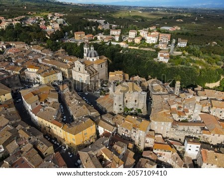 Aerial view of Ronciglione,  medieval town in province of Viterbo, Lazio, central Italy. Ronciglione is one of the most enchanting villages of Italy. Birds eye in Lazio, near Caprarola and Orvieto.