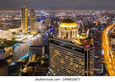 Aerial View Of Rooftop Bar Close To Chao Phraya River At Night