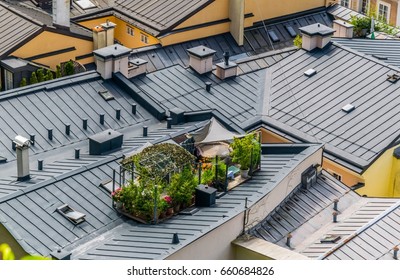 Aerial view of a rooftop garden in the Austrian city Salzburg