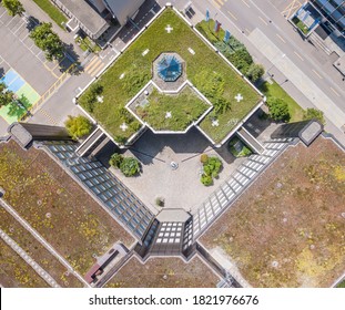 Aerial View Of Rooftop Garden In Urban Residential Area