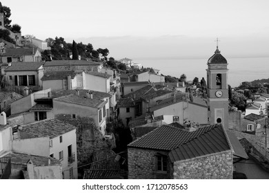 Aerial View Of Roquebrune-Cap-Martin,France In Black And White Color. The Old Village, The Cape And The Mediterranean Sea On The French Riviera Of Roquebrune, France. 