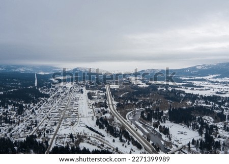 Aerial view of Roslyn, Washington and the surrounding landscape in December 2022