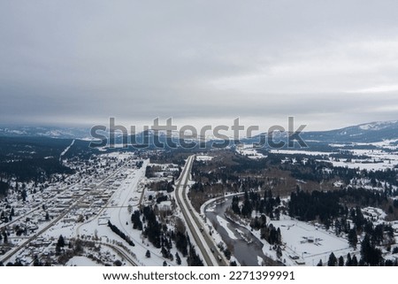 Aerial view of Roslyn, Washington and the surrounding landscape in December 2022