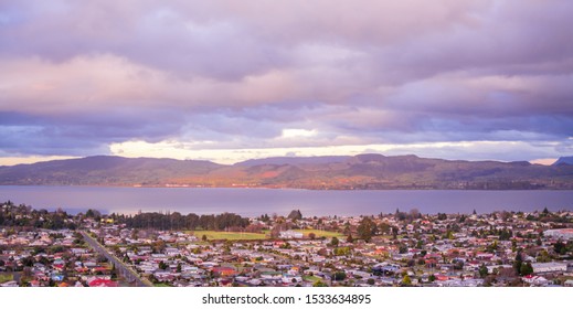 Aerial View Of Rotorua City At Sunset