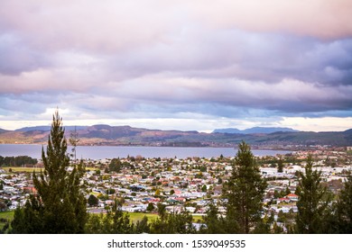 Aerial View Of Rotorua City At Sunset