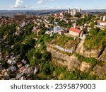 Aerial view of Rova - Royal palace complex and sign "Antananarivo". (Antananarivo, Madagascar)