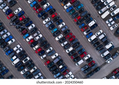 Aerial View Of Rows Of Parked Cars Lined Up For Sale Or For Export And Import To The UK