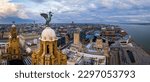 Aerial view of the Royal Liver building, a Grade I listed building in Liverpool, England, UK