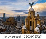 Aerial view of the Royal Liver building, a Grade I listed building in Liverpool, England, UK