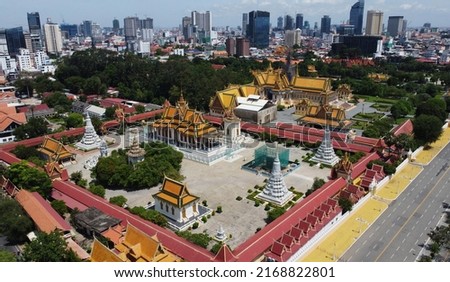 Aerial view of the Royal Palace complex, home to Cambodian kings, located at the Tonle Sap Mekong riverside in Phnom Penh, Cambodia.