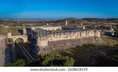 Aerial view of the ruined castle of Chinchón in Madrid, Spain, in the morning light